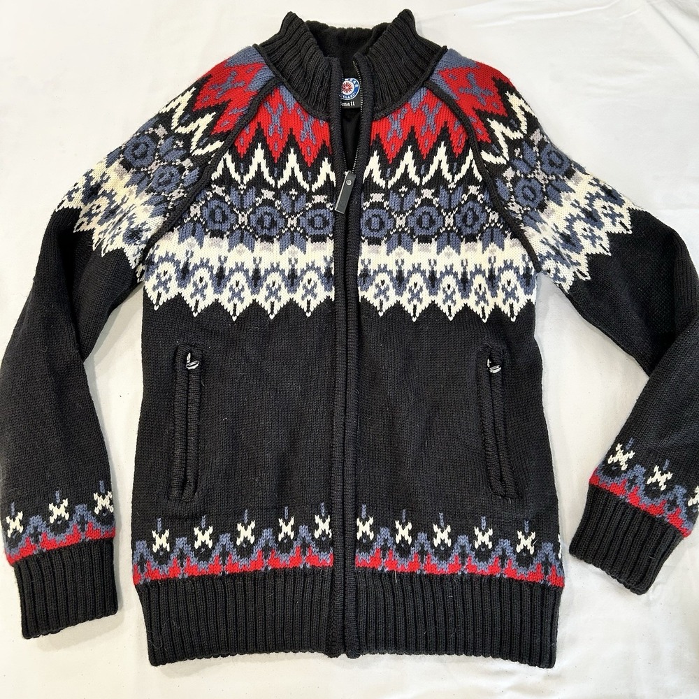 Icewear Iceland Nordic Fair Isle 100% Wool Zip Sweater Jacket Small Scandi Black